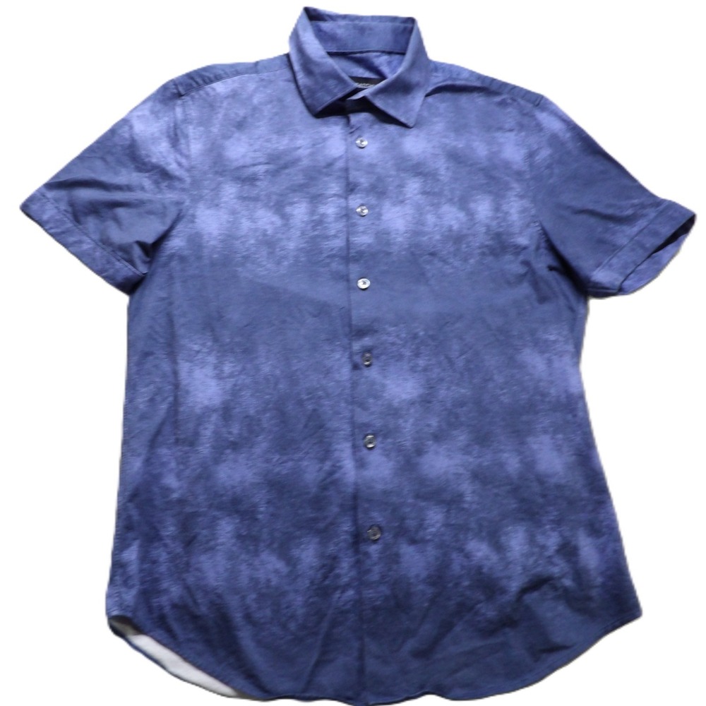 Bugatchi Men M Blue Ombre Tie Dye Button Up Shirt SS 8 Way Stretch Cotton Soft